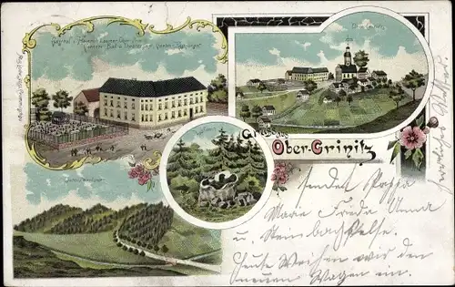 Litho Obercrinitz Crinitzberg in Sachsen, Gasthof v. Heinrich Löscher, Laufstein, Löschers Waldungen