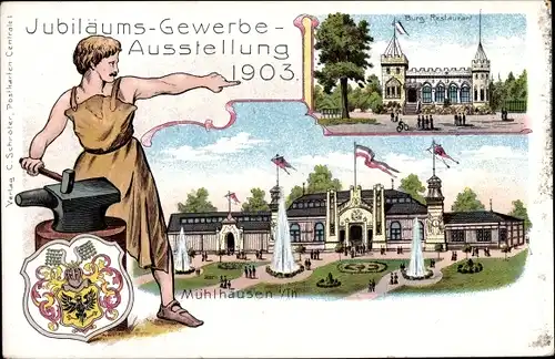 Litho Mühlhausen in Thüringen, Gewerbeausstellung 1903, Burgrestaurant, Schmied, Wappen