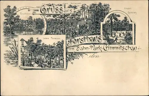 Litho Crimmitschau in Sachsen, Forsthaus im Sahn Park, Spielplatz, Terrassen