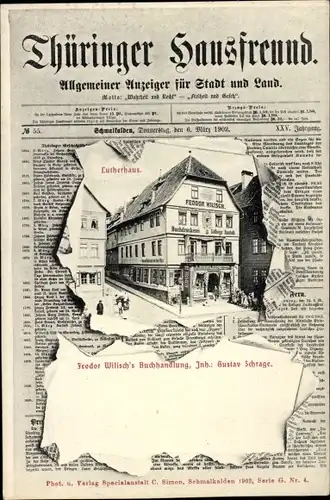 Zeitungs Ak Schmalkalden, Thüringer Hausfreund, Lutherhaus, Buchhandlung Feodor Wilisch, G. Schrage