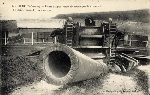 Ak Chuignes Somme, Die Seele der großen Kanone, die von den Deutschen zurückgelassen wurde