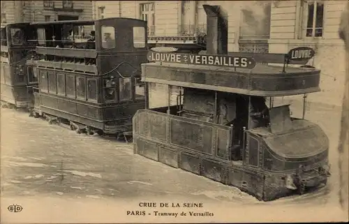 Ak Paris, Straßenbahn bei Hochwasser, Dampfstraßenbahn