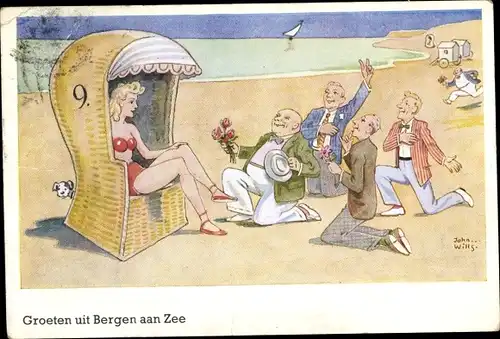 Künstler Ak Wills, John, Bergen aan Zee Nordholland, junge Frau im Strandkorb, Verehrer