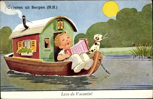 Künstler Ak Wills, John, Bergen Nordholland, Junge im Hausboot, Harmonika, Hund