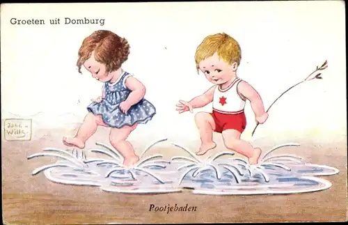 Künstler Ak Wills, John, Domburg Zeeland, Kinder planschen in einer Pfütze