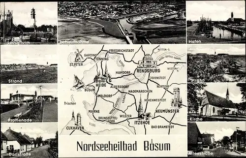 Landkarten Ak Nordseebad Büsum, Hafen, Strand, Alleestraße, Kirche, Promenade