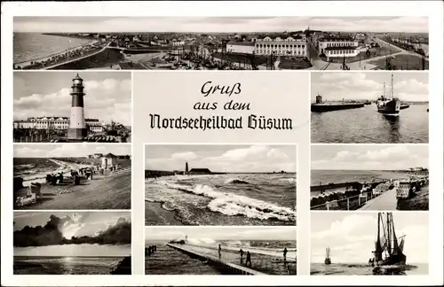 Ak Nordseebad Büsum, Leuchtturm, Strand, Schiff