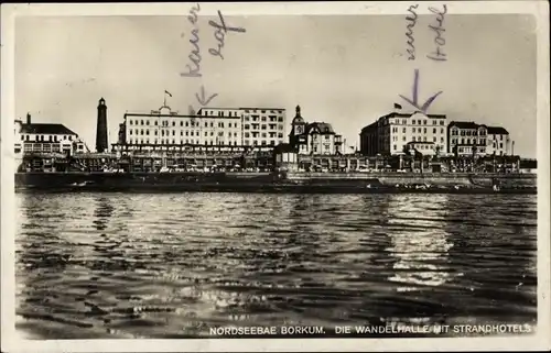 Ak Nordseebad Borkum in Ostfriesland, Wandelhalle, Strandhotels