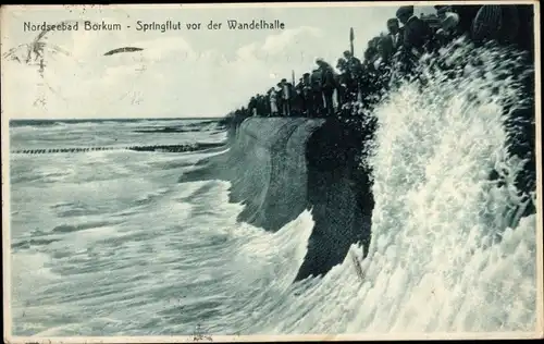 Ak Nordseebad Borkum Ostfriesland, Springflut vor der Wandelhalle