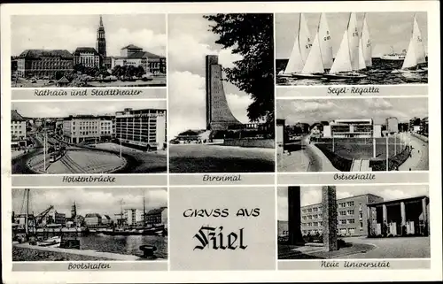 Ak Kiel, Rathaus, Stadttheater, Segelregatta, Holstenbrücke, Ehrenmal Laboe, Ostseehalle, Bootshafen