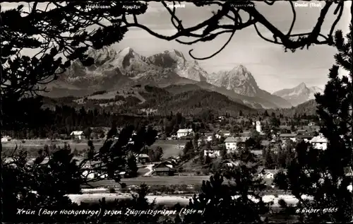 Ak Krün in Oberbayern, Ortsansicht, Zugspitzgruppe