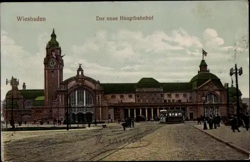 Ak Wiesbaden in Hessen, neuer Hauptbahnhof, Straßenbahn