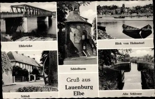 Ak Lauenburg an der Elbe, Elbbrücke, Blick von Hohnstorf, Alte Schleuse, Schloss, Schlossturm