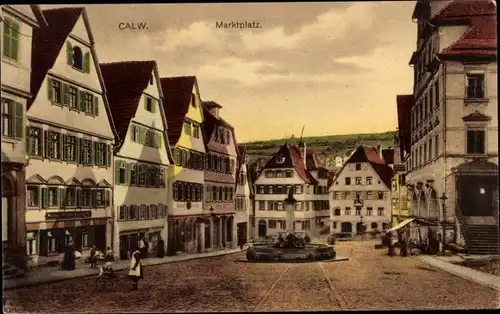 Ak Calw im Schwarzwald, Marktplatz, Brunnen, Geschäfte