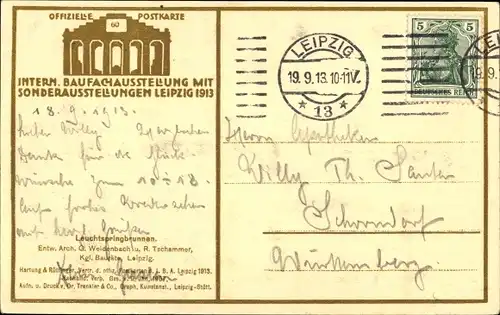 Ak Leipzig in Sachsen, Intern. Baufachausstellung 1913, Leuchtspringbrunnen