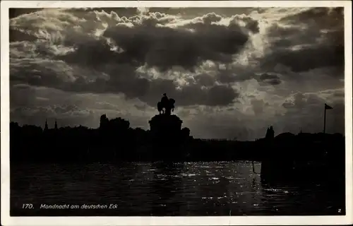 Ak Koblenz am Rhein, Mondnacht, Deutsches Eck, Kaiser Wilhelm I. Denkmal