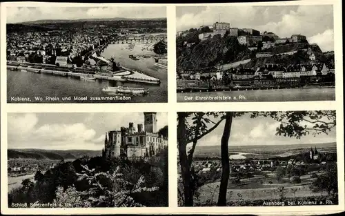 Ak Koblenz am Rhein, Deutsches Eck, Ehrenbreitstein, Schloss Stolzenfels, Arenberg