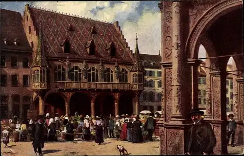 Künstler Ak Hoffmann, H., Freiburg im Breisgau, Münsterplatz mit Kaufhaus
