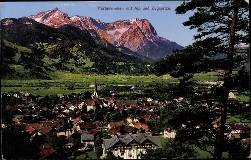 Ak Garmisch Partenkirchen in Oberbayern, Gesamtansicht, Alpspitze, Zugspitze