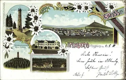 Litho Altenberg im Osterzgebirge, Totalansicht, Louisenturm, Eisenbahnschule, Jagdschloss