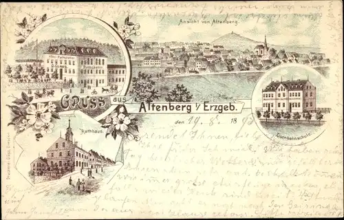 Litho Altenberg im Osterzgebirge, Hotel Ratskeller von O. Claus, Rathaus, Eisenbahnschule