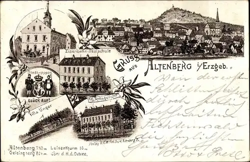 Litho Altenberg im Osterzgebirge, Eisenbahn-Realschule, Villa Unger, Amtsgericht