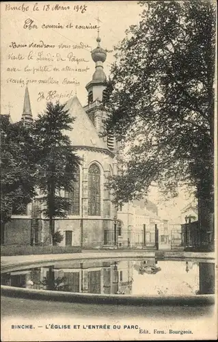 Ak Binche Wallonie Hennegau, Kirche, Eingang zum Park