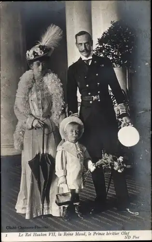 Ak König Haakon VII. von Norwegen, Königin Maud, Prinz Olaf, Porträt