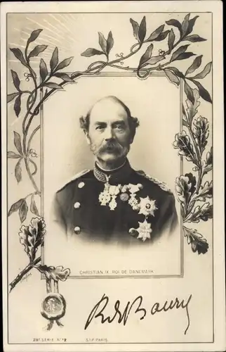 Passepartout Ak Christian IX, König von Dänemark, Portrait, Uniform, Orden
