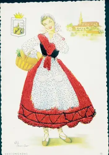 Seidenstick Künstler Ak Frau in spanischer Volkstracht, Korb, Wappen, Vascongadas
