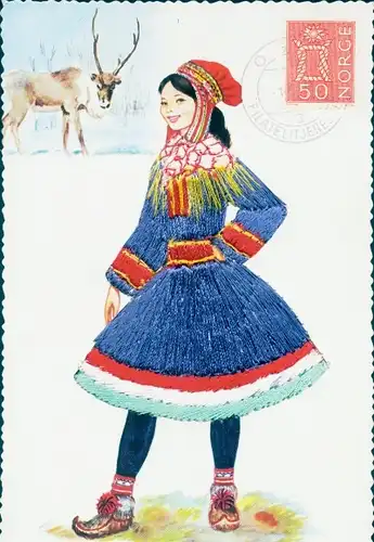 Seidenstick Ak Frau in norwegischer Volkstracht, Hirsch