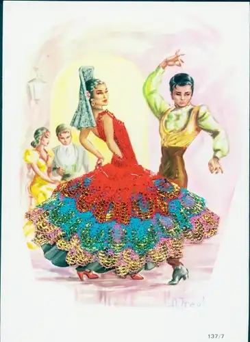 Stoff Künstler Ak Tanzpaar in spanischer Volkstracht