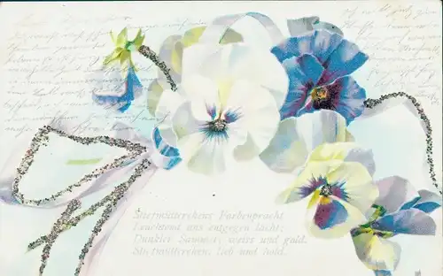 Glitzer Litho Stiefmütterchen, Blumen, Kitsch
