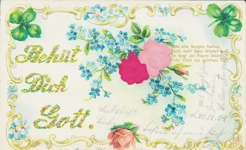 Stoff Präge Litho Behüt Dich Gott, Rosen, Vergissmeinnicht, Glücksklee