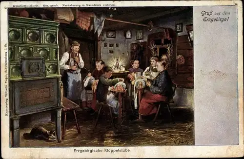 Künstler Ak Falk, G., Erzgebirgische Klöppelstube, Kachelofen