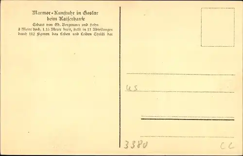 Ak Marmor Kunstuhr, ausgestellt im Kaiserhaus Goslar, Erbauer Ed. Bergmann