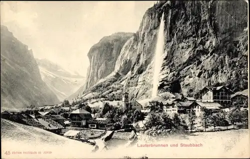 Ak Lauterbrunnen Kanton Bern, Teilansicht mit Staubbach