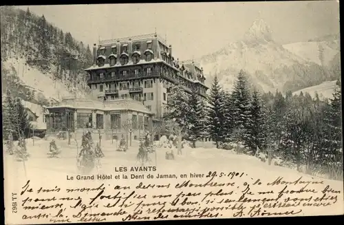 Ak Les Avants Montreux Kanton Waadt, Grand Hotel im Winter