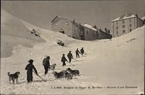 Ak St Bernard Sankt Bernhard Kanton Wallis, Hospice du Grand St. Bernard, Arrivee d'une Caravane
