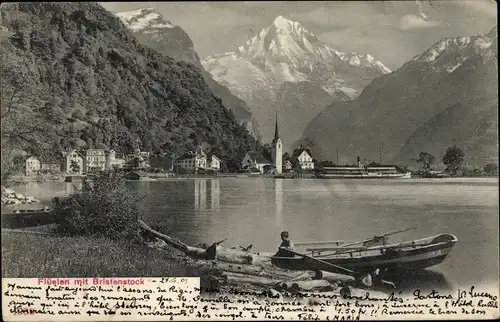 Ak Flüelen Kanton Uri Schweiz, Uferpartie, Ruderboot, Bristenstock