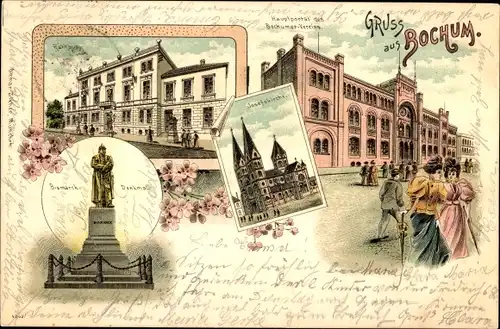 Litho Bochum im Ruhrgebiet, Bismarck-Denkmal, Josefskirche, Bochumer Verein, Rathaus