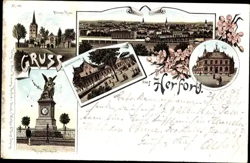 Litho Herford in Westfalen, Schützenhof, Post, Münsterkirche, Kriegerdenkmal, Bahnhof