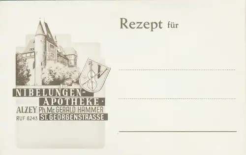 Ak Alzey in Rheinhessen, Nibelungen-Apotheke, St. Georgenstraße, Ph. Mr. Gerald Hammer, Wappen