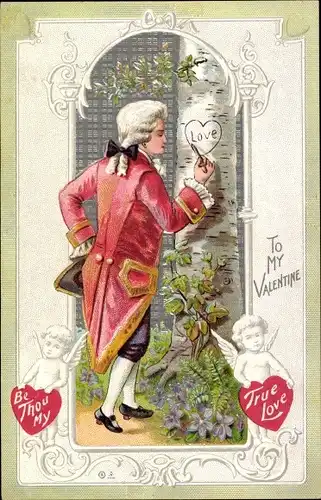 Präge Litho Valentinstag, Mann ritzt Herz in einen Baum, Engel