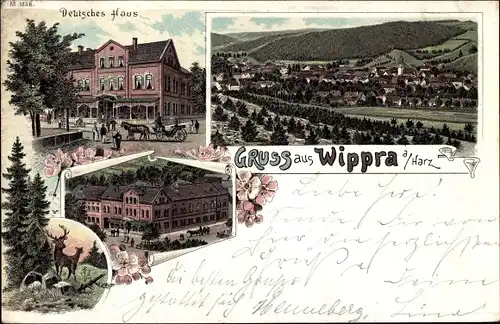 Litho Wippra Sangerhausen am Harz, Gesamtansicht, Deutsches Haus, Rehe am Wald