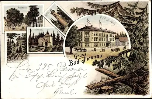 Litho Ilmenau im Ilm Kreis Thüringen, Lindenstraße, Goethehäuschen, Hotel zur Tanne