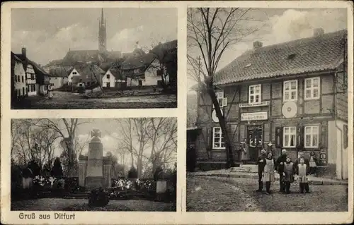 Ak Ditfurt im Landkreis Harz, Straßenpartie, Kirche, Denkmal, Materialwarenhandlung Friedrich Wilke