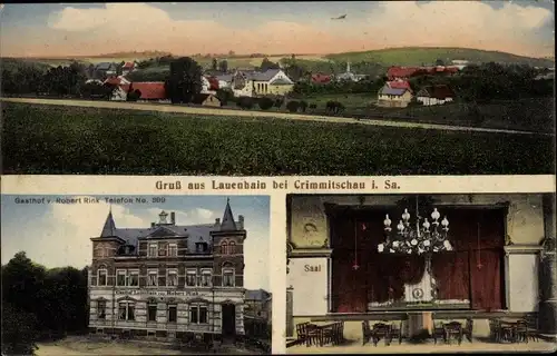 Ak Lauenhain Crimmitschau in Sachsen, Gesamtansicht, Gasthof, Saal