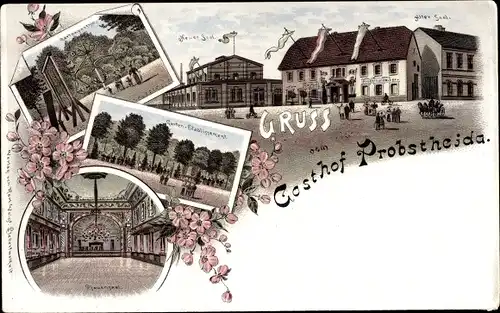 Litho Probstheida Leipzig in Sachsen, Gasthof Probstheida, Alter u. Neuer Saal, Pfauensaal, Garten