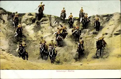 Ak Schwieriger Abstieg, Husaren an einem Hügel, Deutsche Soldaten in Uniformen